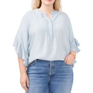 Vince Camuto Women's Plus Size Chambray Blue Flutter Sleeve Split Neck Flowy Top